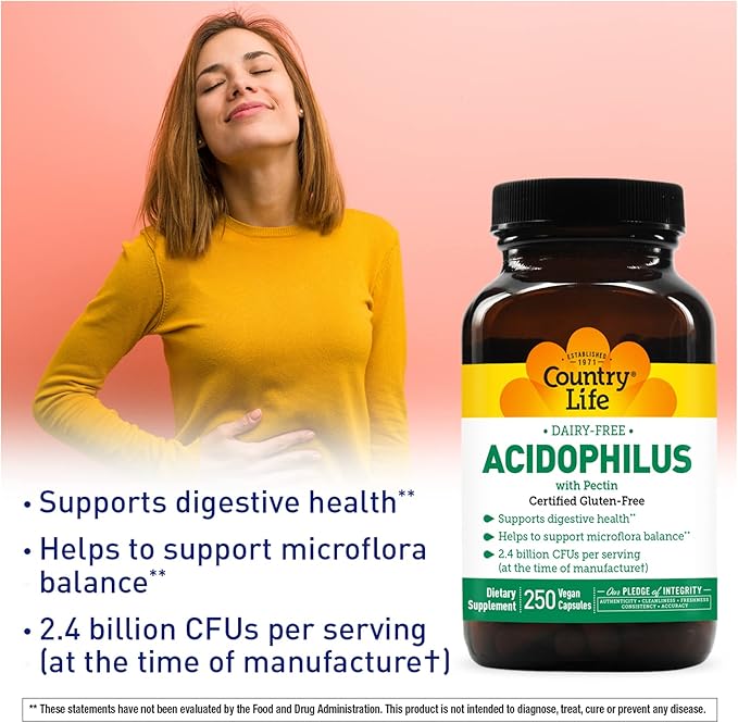 Country Life Acidophilus Probiotic Supplement for Women & Men - Free from Common Allergens - 2.4 Billion CFUs to Support Digestive Health - Dairy-Free, Non-GMO, 250 Vegan Capsules