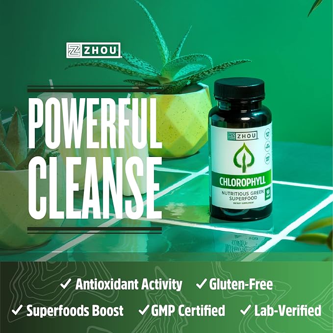 Zhou Nutrition Chlorophyll Tablets, Nutritious Green Superfood, Herbal Supplement, Gluten-Free, Herbal Support, 90 Tablets
