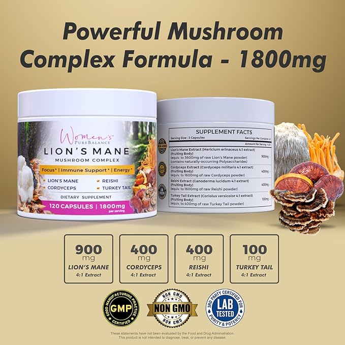 Women's PureBalance Lion's Mane Mushroom Supplement Capsules with Reishi, Cordyceps, Turkey Tail – Brain Nootropic for Memory, Focus, Natural Energy, & Immune Support, Non-GMO (120 Capsules)