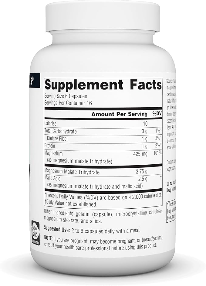 Source Naturals Magnesium Malate 3750 mg Per Serving Essential Magnesium Malic Acid Supplement - 100 Capsules