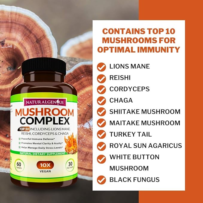 Natural Genius Top 10 Mushroom Extracts - White Button, Lions Mane, Cordyceps, Chaga, Reishi Plus - Immune Booster, Nootropic
