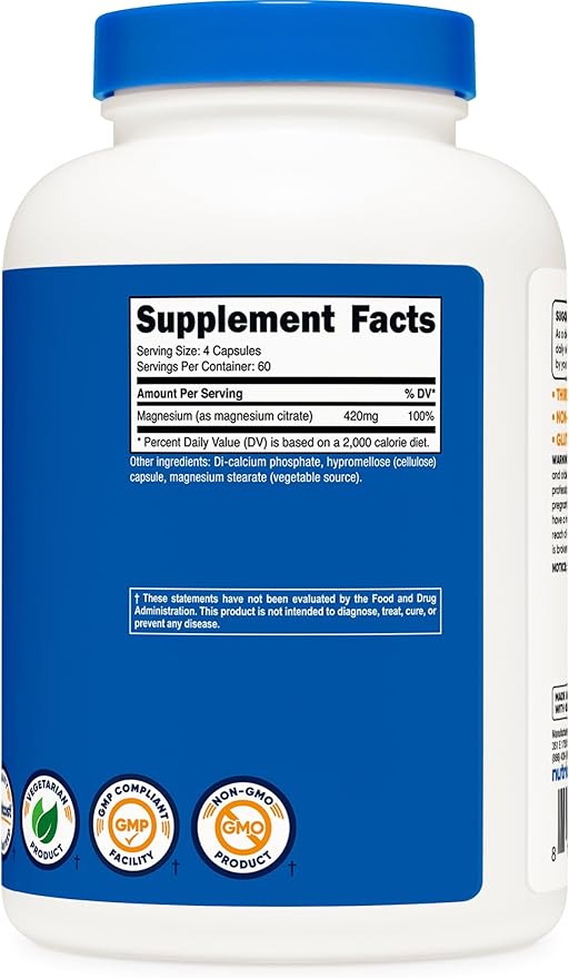 Nutricost Magnesium Citrate 420mg, 240 Veggie Capsules - 60 Servings, Gluten Free, Non-GMO, Vegetarian Friendly