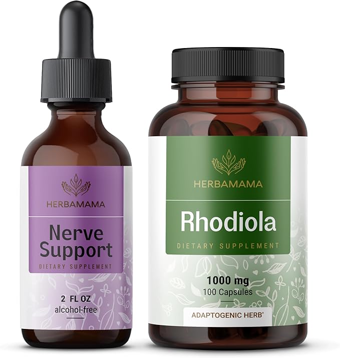 HERBAMAMA Nerve Support and Rhodiola Kit - Bundle of Nerve Support Liquid Complex 2 fl oz & Rhodiola Rosea Capsules - Vegan, Non-GMO, Sugar & Alcohol-Free, 2 Pack