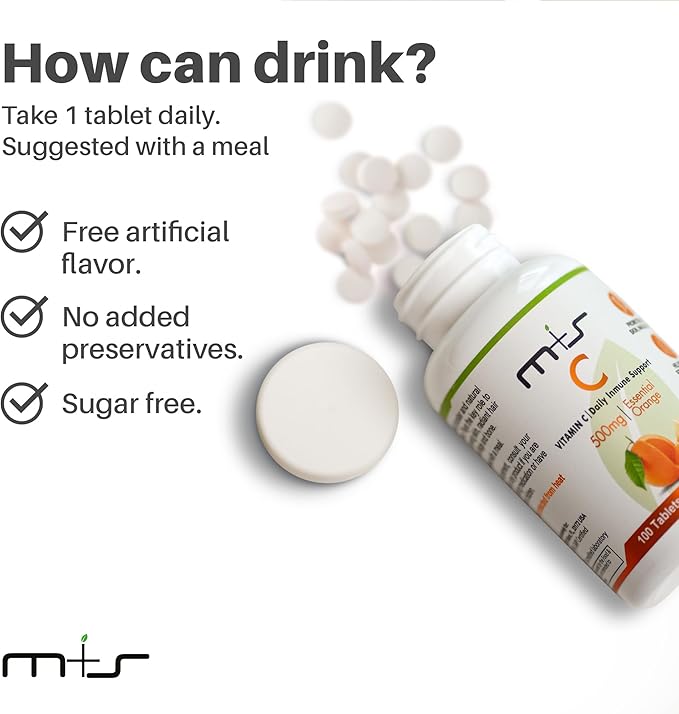 M+S Vitamin C Tablet 500mg for Women and Men – Supports a Healthy Immune System, Promotes Hair, Skin, Nails and Joints – Vegan, Sugar Free, Non-GMO – Orange Flavor (100 Tablets)