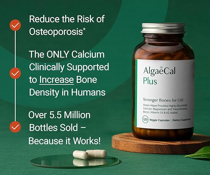 ALGAECAL Plus - Organic Red Algae Calcium Supplement, Vitamin K2 MK7 (100mg), Vitamin D3 (1600 IU), Magnesium (350mg) & Trace Minerals, for Bone Health & Strength, 120 Veggie Caps, 3 Pack