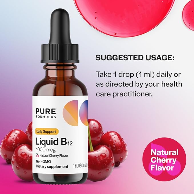 PureFormulas Liquid B12 1000 mcg - Natural Cherry Flavor B12 Sublingual Drops, Potent Daily Support for Energy & Wellness - Non-GMO, Allergen-Free - 1 fl. Oz.