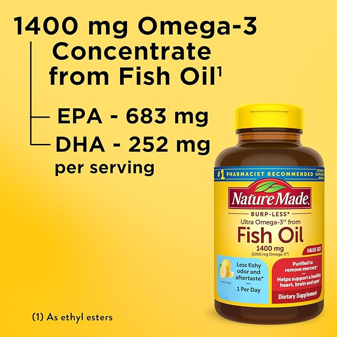Nature Made Burp Less Ultra Omega 3 Fish Oil Supplements, 1400mg Fish Oil Omega 3 Supplements as Ethyl Esters for Healthy Heart Brain Eyes Support, One Per Day, 90 Softgels