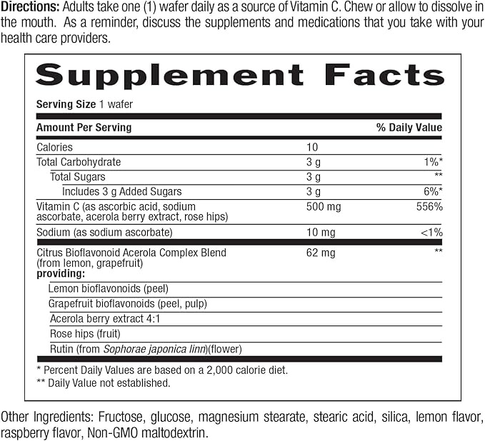 Country Life Acerola Vitamin C Complex, 500mg, Chewable Berry Flavored Wafers, Supports Immune Health, 90 Wafers, Certified Gluten Free by GFCO, Certified Vegan by AVA