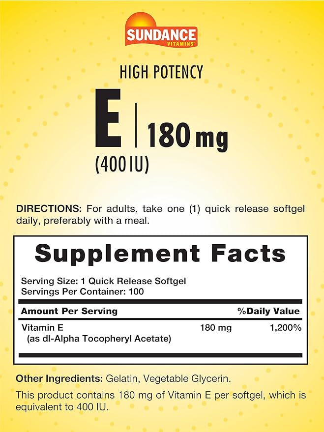 Sundance Vitamin E 180mg (400 IU) | 100 Quick Release Softgels | High Potency Formula | Non-GMO and Gluten Free Supplement