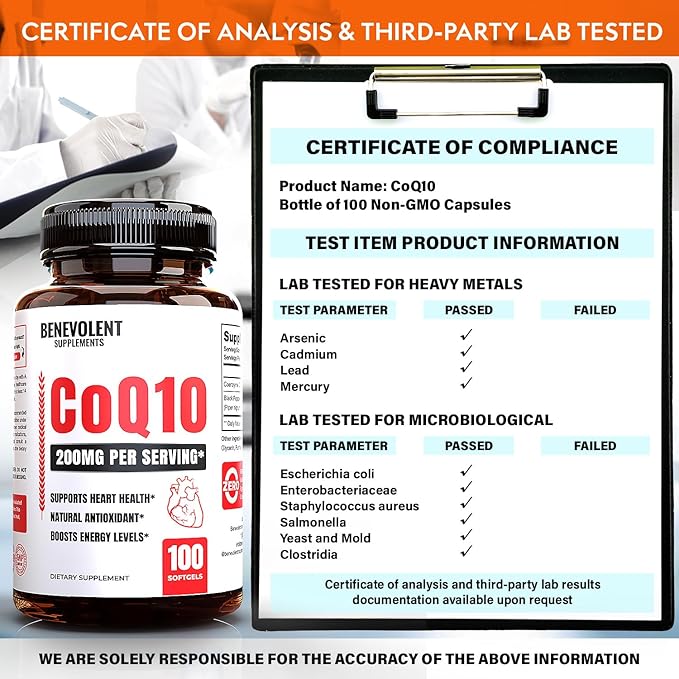 Premium CoQ10 200mg Softgels, Coenzyme Q10 Supplement with Enhanced Absorption, Antioxidant Formula for Heart Health, Energy Production & Healthy Aging, Non-GMO, 100 Count