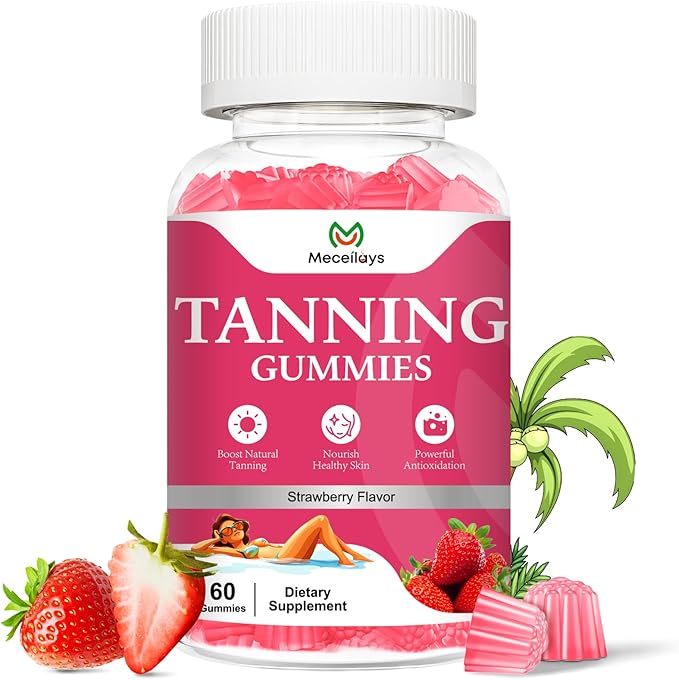 Tanning Gummies for Women and Men, Daily Tanning Gummies with L-Tyrosine, Astaxanthin That Work Fast Without Sun for Skin Health & Glow, Sugar Free, Non-GMO, Strawberry Flavor, 60 Gummies
