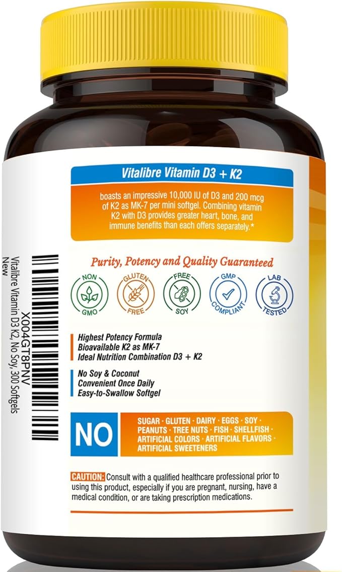 Vitamin D3 K2 Supplement, 10000 IU D3 / 200 mcg K2 MK7, Calcium Absorption, Bone, Heart, Immune & Muscle Support, Enhanced Absorption, No Soy, Easy to Swallow, 300 Softgels