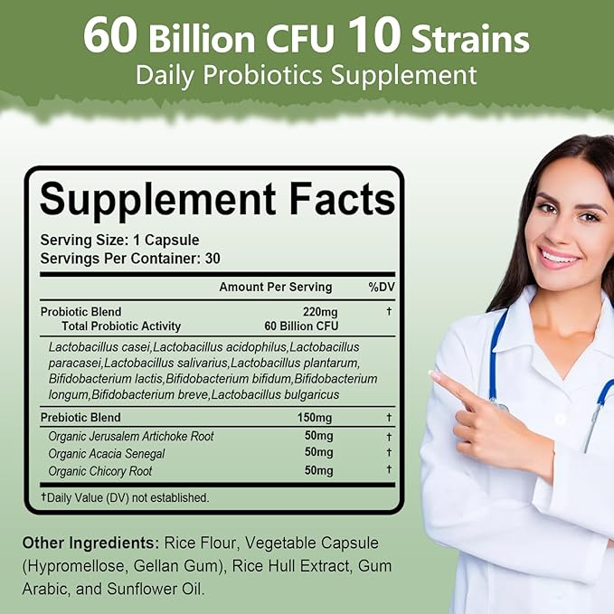 Probiotics 60 Billion CFU 10 Strains, with Organic Probiotic for Digestive & Gut, Immune, Bloating Health, Daily Probiotics Supplement for Women & Men, Non-GMO, Gluten Free, 30 Capsules