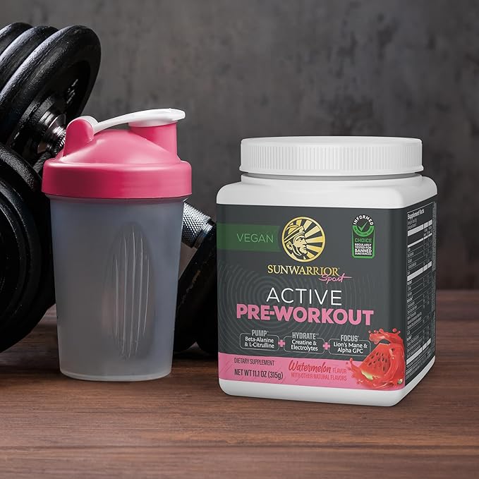 Sunwarrior Pre Workout Powder Energy Drink | Vegan Plant-Based Supplement | Pump, Hydrate, Focus, Endurance, & Strength Builder | Watermelon Flavored 30 Servings | Active Preworkout