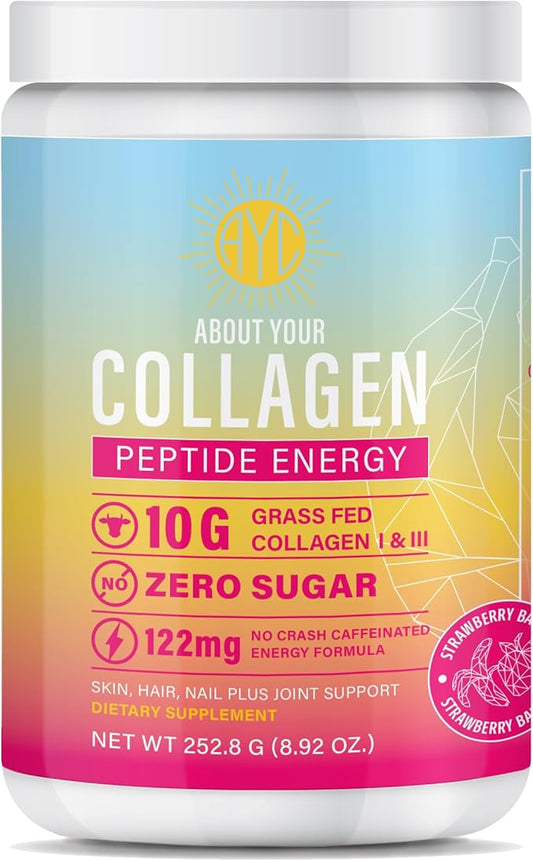 Peptide Energy Collagen Powder Hair, Nail, Skin, Type I & III,Caffeine for Energy, Vitamin C, Biotin, Hyaluronic Acid, Zero Sugar – 8.92 oz (Strawberry Banana)