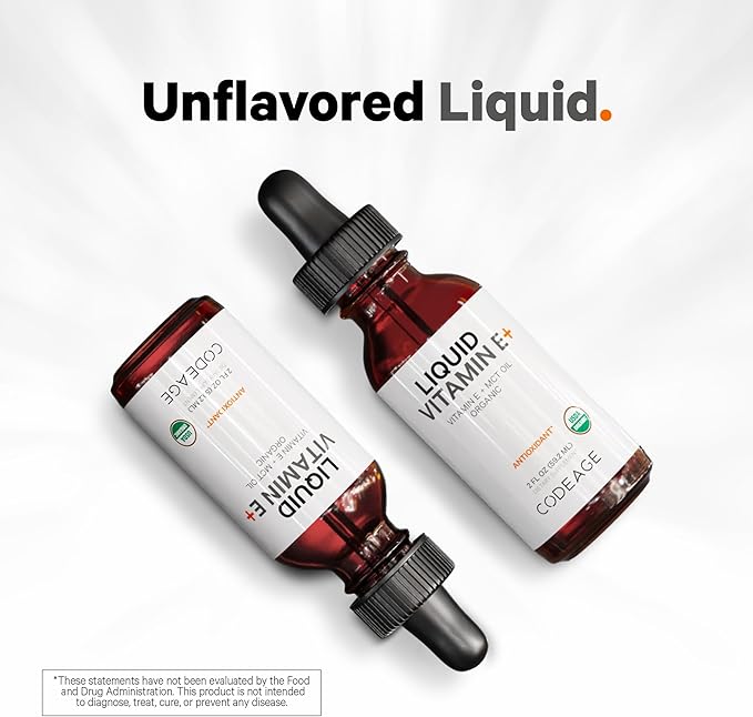 Codeage Liquid Vitamin E+ - USDA-Certified Organic Vitamin E - 2-Month Supply - D-Alpha Tocopherol Acetate, Organic MCT Oil, Organic Orange Fruit Oil, Unflavored, Non-GMO, Vegan, Gluten-Free, 2 fl oz