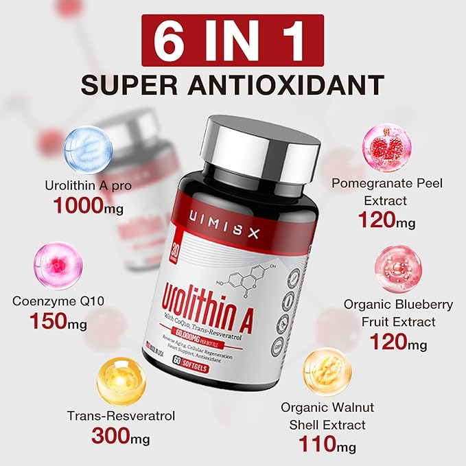 Urolithin A Pro Supplement 1000mg, 60 Softgels Super Antioxidants with Resveratrol & CoQ10 for Energy Production and Healthy Aging- Mitoceutical for Muscle Strength and Skin Care