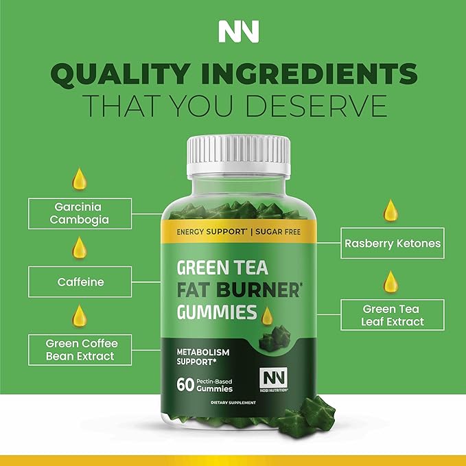 Nobi Nutrition Green Tea Fat Burner Gummies for Weight Loss | Metabolism Boost & Appetite Suppressant with Green Coffee Bean and Garcinia Cambogia | Pills to Burn Belly Fat for Women & Men