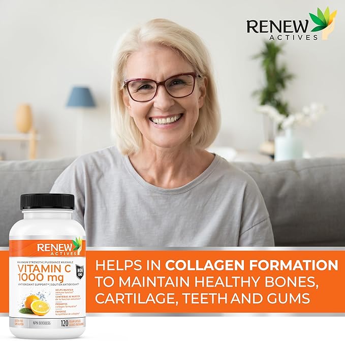 RENEW ACTIVES Maximum Strength Vitamin C 1000MG per Serving – Antioxidant & Immune Booster for Overall Health, Bones, Teeth & Gums – Non-GMO, Sugar-Free, 4-Month Supply – Made in Canada – 120 Capsules