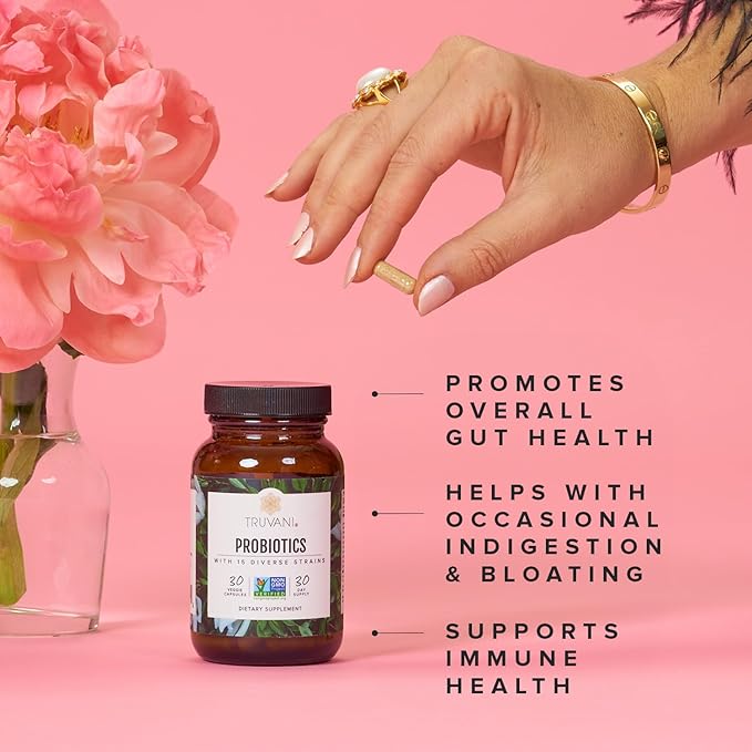 Truvani Probiotic Supplement | 30 Servings | 15 Billion CFU | 15 Diverse Strains for Digestive, Immune & Brain Health Support | Shelf-Stable Vegan Capsules | Non-GMO, No Fillers