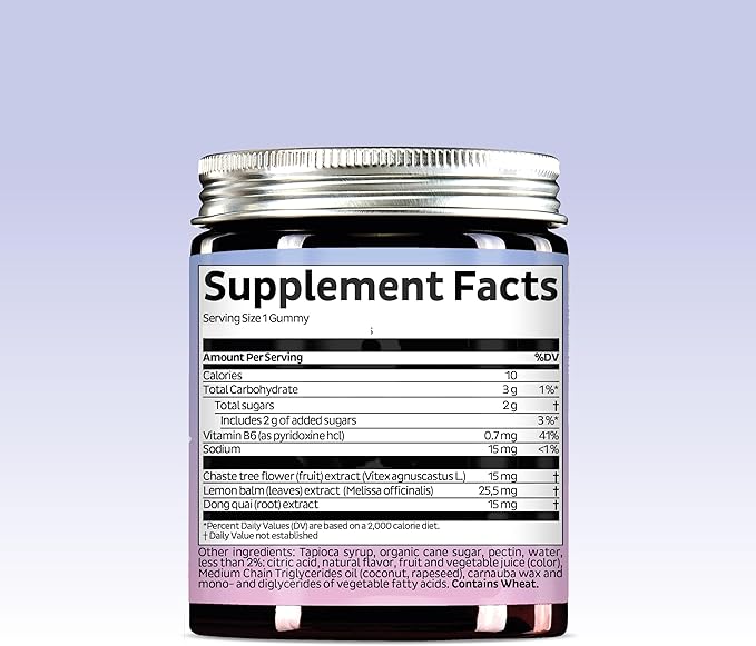 PMS Support Supplement for Women. Menstrual Relief Gummies to Target Hormonal Breakouts, Bloating, Period Cramps, & Mood Swings. Vegan, with Vitamin B6 & Lemon Balm, 30 Gummies