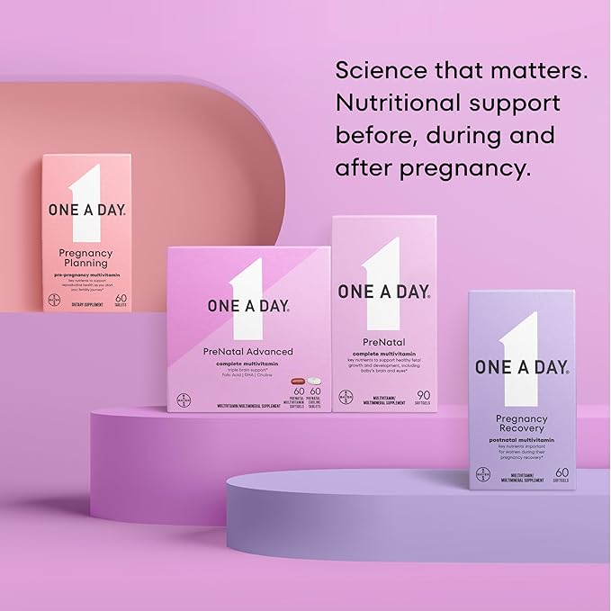ONE A DAY Women's Prenatal 1 Multivitamin, Supplement for Before, During, and Post Pregnancy, Including Vitamins A, C, D, E, B6, B12, and Omega-3 DHA, 90 Count (Packaging May Vary)