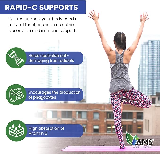 America Medic & Science Rapid-C 1000mg Vitamin C Supplement (2 Pack of 100 Tablets) Energy Booster, Daily Immune System Support, Antioxidant | Vegan, Non-GMO Coated Ascorbic Acid for Adult Men & Women