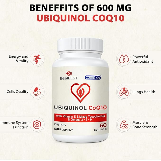 Ubiquinol CoQ10-600mg-Softgel, Active Coq10 Ubiquinol Supplement with Vitamin E & Omega 3, 6, 9, High Absorption-Coenzyme-Q10, Powerful Antioxidant for Energy Production, Tested, 600 Count