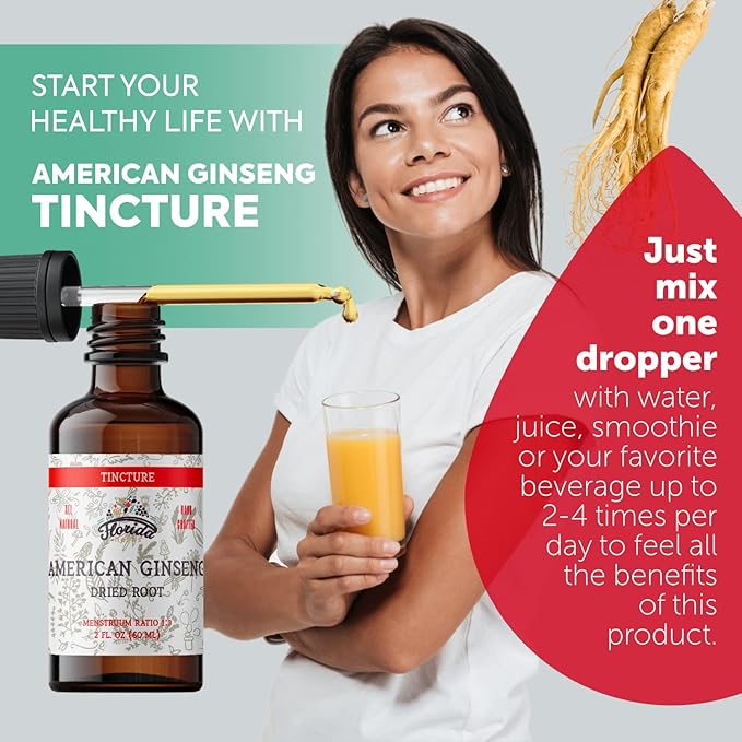 American Ginseng Tincture Extract, Organic American Ginseng (Panax Quinquefolius) Dried Root Supplement, Non-GMO in Cold-Pressed Organic Vegetable Glycerin 700 mg, 2 oz (60 ml)