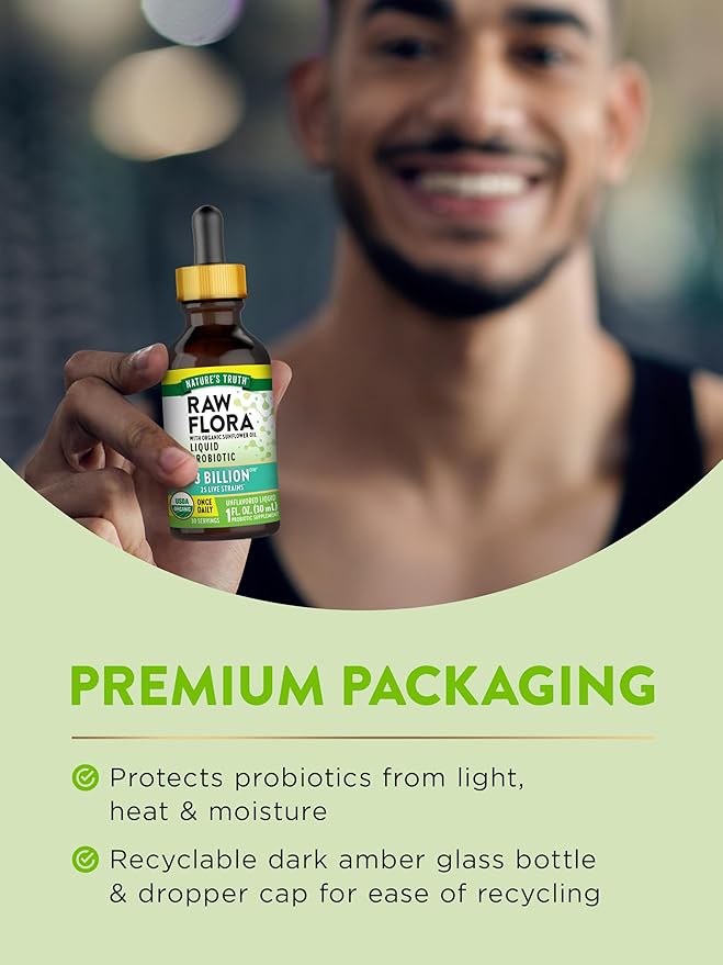 Nature's Truth Raw Flora USDA Organic Liquid Probiotic | Doctor Formulated | 25 Billion Live Strains | Vegan & Gluten Free Supplement for Men and Women