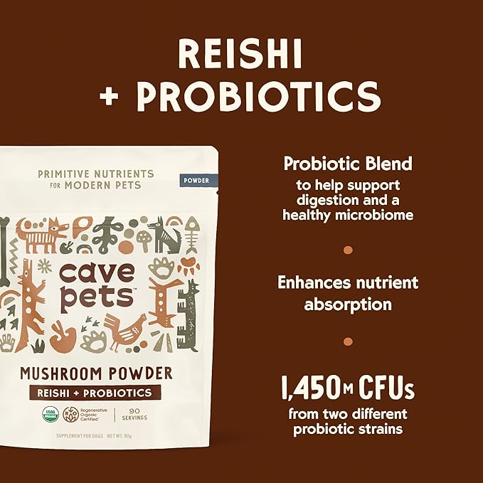 Super Blend Powder, Mushroom Mycelium and Dog Probiotic Supplement for Immunity and Digestive Health Support, Reishi & Probiotics, 90 Servings