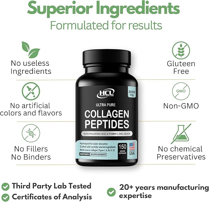 Collagen Peptides Powder with Vitamin C & Hyaluronic Acid - Organic Cleanest Sources & Super High Absorption - Hydrolyzed Multi Type I, II, III, V, X - Skin Hair Supplement (capsules)