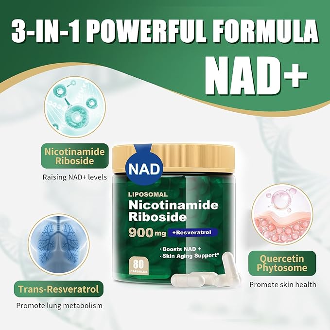 NAD+ Supplement, Liposomal Nicotinamide Riboside, Resveratrol Quercetin, NMN Supplement Alternative for Anti-Aging, Energy, Focus, for Women and Men, 80 Capsules