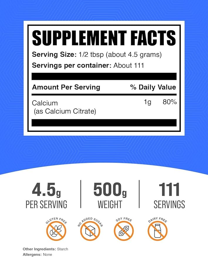 BulkSupplements.com Calcium Citrate Powder - Calcium Supplement, High Bioavailable - Unflavored & Gluten Free, 4.5g per Serving, 500g (1.1 lbs) (Pack of 1)