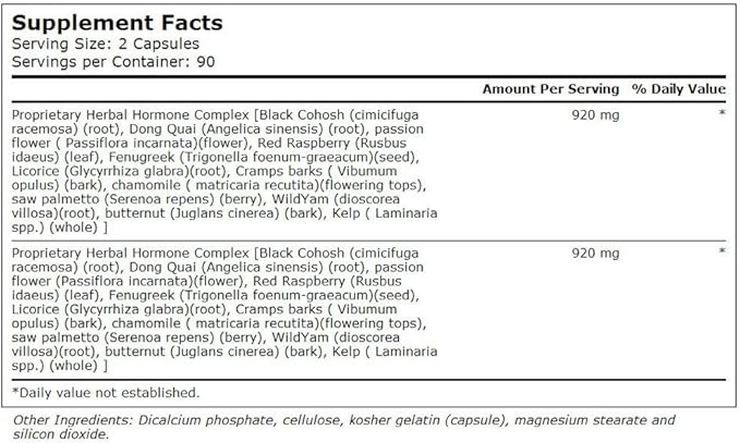 Herbal Hormone Complex to Support Women’s Health During and Following Menopause* With Black Cohosh, Dong Quai Passion Flower, Red Raspberry, Fenugreek, Licorice, Chamomile, Cramp Bark, Saw Palmetto, W