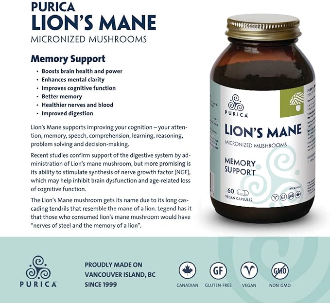 PURICA - Lion's Mane Micronized Mushrooms, 60 Vegan Capsules - Promotes Cognitive Health - Focus and Memory Support