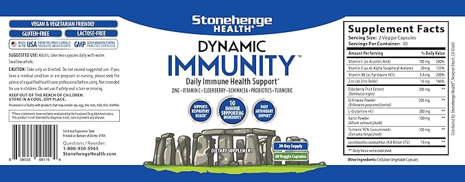 Stonehenge Health Dynamic Immunity Daily Supplement 10-in-1 Immune Boosters Zinc, Elderberry, Echinacea, Vitamin C & Probiotic L. Acidophilus – Supports Immune System & Respiratory Health, 60 Capsules