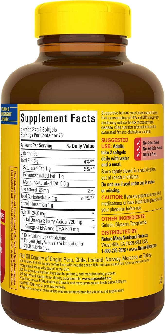 Nature Made Fish Oil Omega 3 Supplements, 1200 mg Softgels, Omega 3 Fish Oil for Healthy Heart Support, 150 Softgels, 75 Day Supply