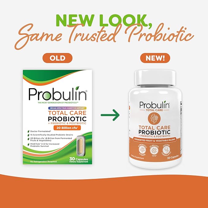 Probulin Total Care Probiotic Supplement, Daily Gut, Digestive, and Immune Health Probiotics Capsules for Men and Women, 20 Billion CFU, Vegan, 30 Count Bottle