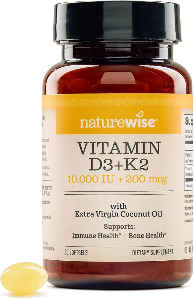 NatureWise Vitamin D3 10,000 IU Plus K2 (MK-7) 200 mcg with Organic Extra Virgin Coconut Oil - Supports Calcium Absorption, Bone, Heart & Immune Health - Non-GMO, Soy & Gluten-Free - 30 Softgels