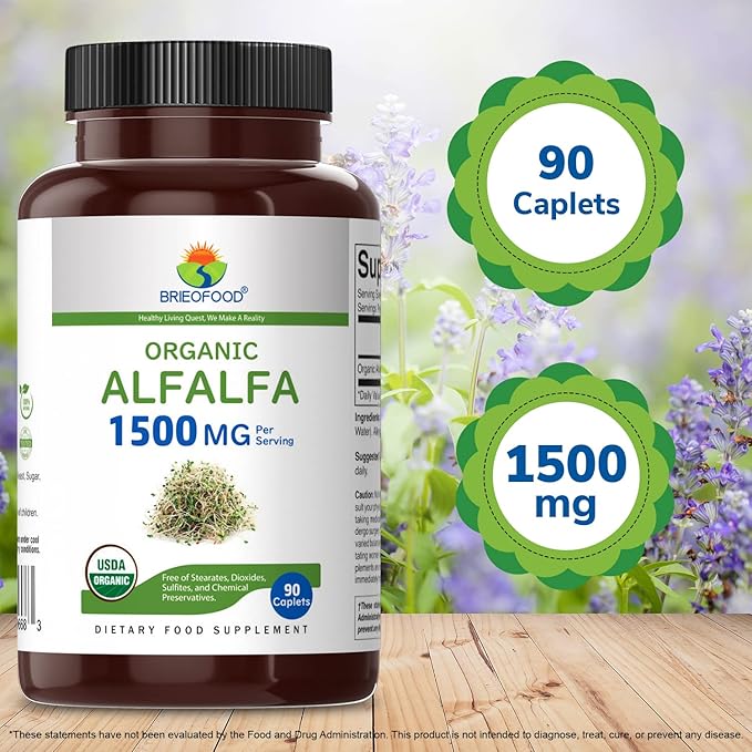Brieofood Organic Alfalfa 1500mg, 45 Servings, Vegetarian, Gluten Free, 90 Vegetarian Tablets