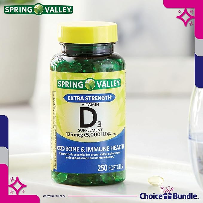 Spring Valley Vitamin D3 Softgels 125 mcg per Soft Gel 5,000 IU 250 Ct 4 pk (1000 Total) + Vitamin Guide & Pill Container (6 Items)!