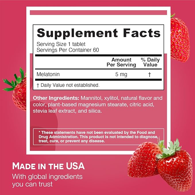 EZ Melts Dissolvable Melatonin, 5 mg, Sugar-Free, 2-Month Supply, Strawberry-Flavored