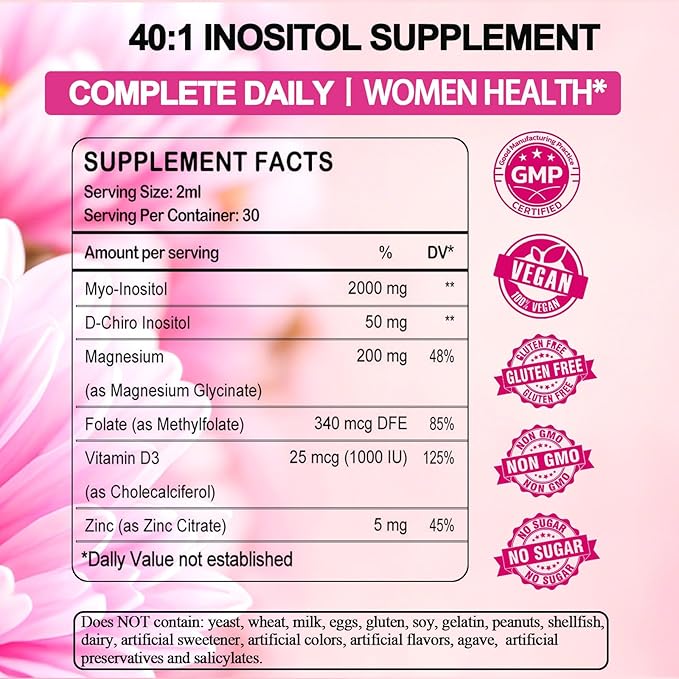 Myo-Inositol & D-Chiro Inositol Supplement for Women, Ideal 40:1 Ratio Inositol Multivitamin w. Folate Magnesium Vitamin D3, Inositol Complex for Mood Energy Fertility Hormone Balance Ovarian Support*