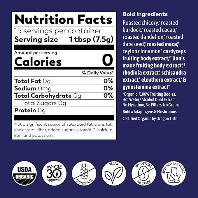Rasa Bold – Adaptogenic Mushroom Coffee Alternative | Vegan, Keto, Whole 30, Ayurveda Wellness Tonic with Lion's Mane, Rhodiola, +Cordyceps (8 oz / 30 Servings)