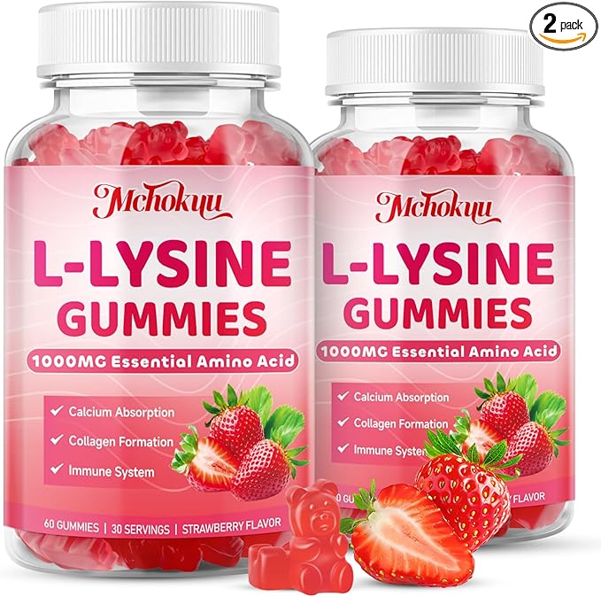 L-Lysine 1000mg Gummies, Chewable Lysine Supplement for Adults & Kids Immune Support, Essential Amino Acid, Vegetarian, Non-GMO, Sugar-Free, Gluten Free, Strawberry Flavor, 120 Counts