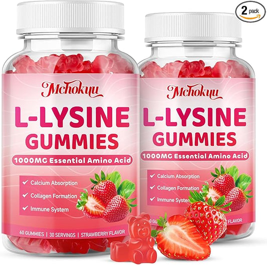 L-Lysine 1000mg Gummies, Chewable Lysine Supplement for Adults & Kids Immune Support, Essential Amino Acid, Vegetarian, Non-GMO, Sugar-Free, Gluten Free, Strawberry Flavor, 120 Counts