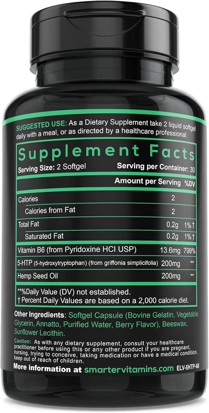 200mg 5-HTP + Vitamin B6, Extended Time Release, 60 softgels, 30 Servings