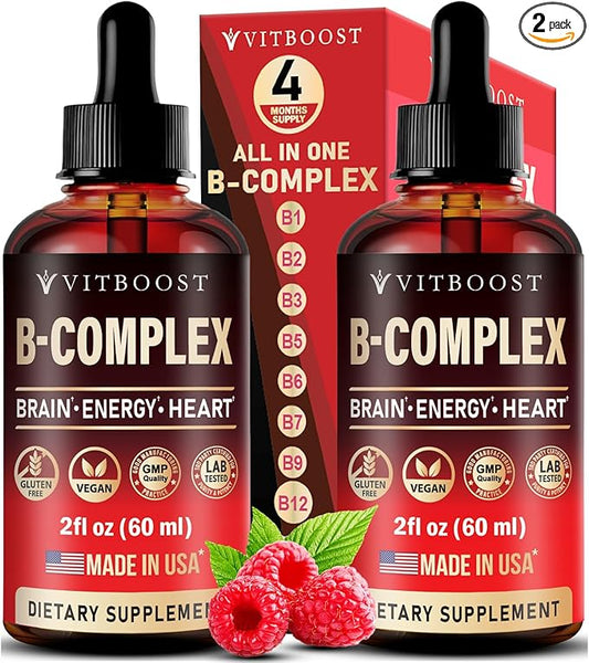 Vitamin B Complex with 20000 mcg - Extra Strength for Men and Women - Vegan| Raspberry Liquid Drops| USA Made, B1, B2, B3, B5, B6, Biotin, Folic Acid & B12 Sublingual Methylcobalamin | 4 Months Supply