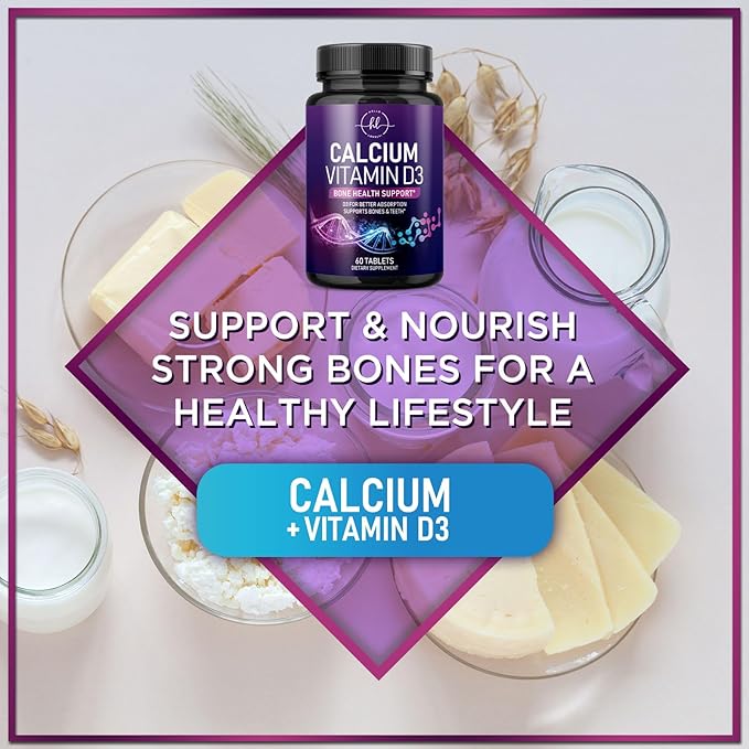 Calcium Supplements for Women 1200 mg Plus 1600 IU Vitamin D3, Bone Health, Teeth & Immune Support - Mineral Supplement with Vitamin D High Absorbable Premium Calcium Carbonate - 60 Tablets